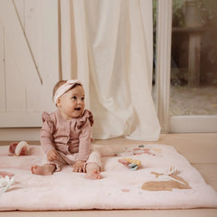 Little Dutch Playpen Mat - Fairy Garden featuring soft deer, butterfly, and crinkly textures in a pink whimsical design.