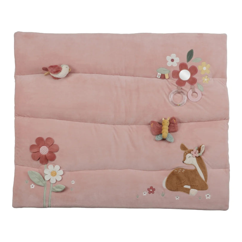 Little Dutch Playpen Mat - Fairy Garden featuring soft deer, butterfly, and crinkly textures in a pink whimsical design.