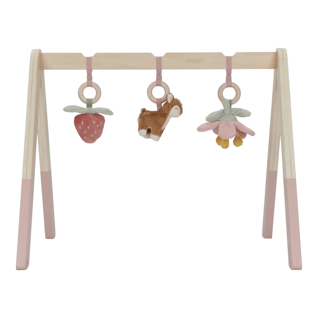 Little Dutch Baby Gym – Fairy Garden, featuring soft pastel colors, hanging fairies, butterflies, and flowers, designed for sensory play and early development.