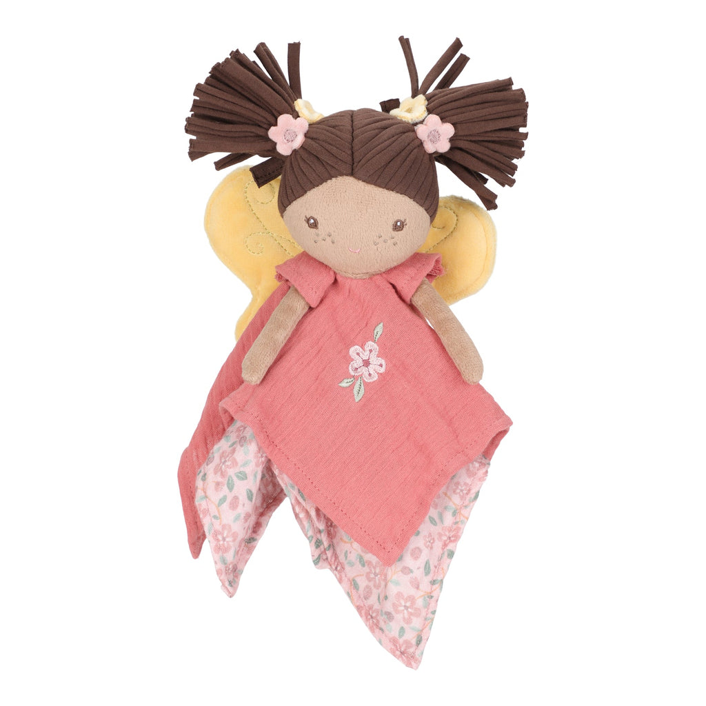 Soft pink Little Dutch Cuddle Cloth – Fairy Evi with embroidered details, fairy wings, and a floral dress, designed for newborns and sensory comfort.