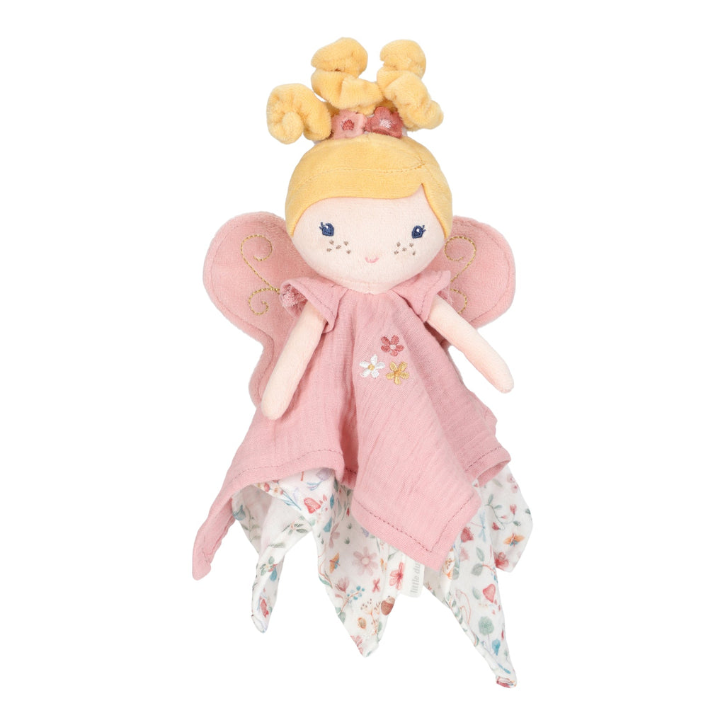 Soft pink Little Dutch Cuddle Cloth – Fairy Mila with embroidered details, fairy wings, and a light pink dress, perfect for newborns and sensory comfort.