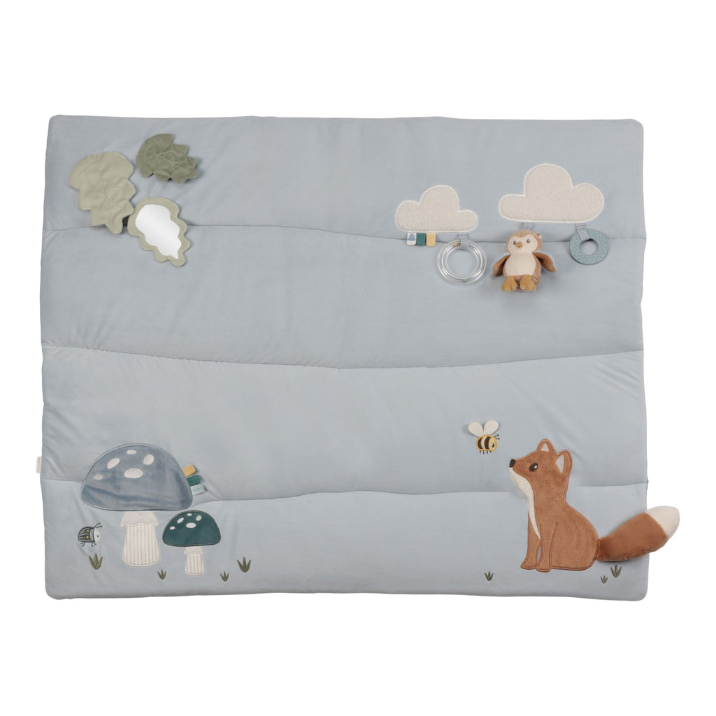 Little Dutch Playpen Mat - Forest Friends, padded sensory play mat with crinkly textures, a mirror, and woodland characters for baby development.