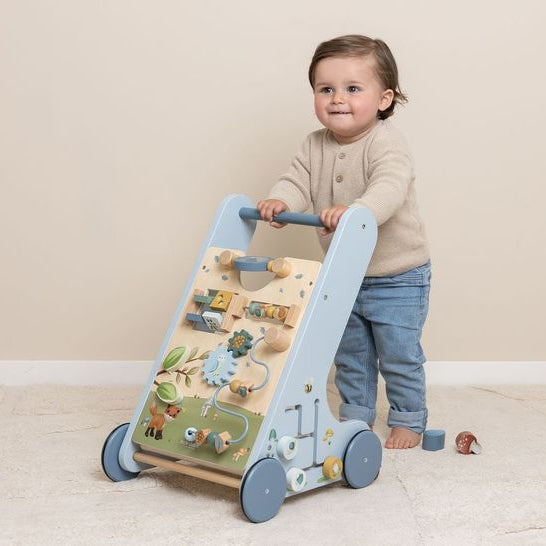 Little Dutch Multi-Activity Baby Walker - Forest Friends with gears, mirror, and counting features in blue tones.