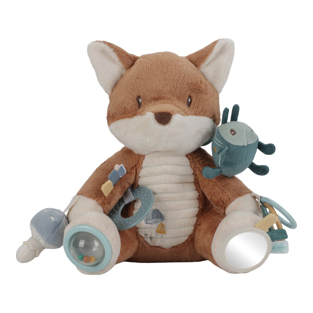 Little Dutch Activity Fox - Forest Friends with crinkly beetle, rattle, rings, and mirror for sensory play and hand-eye coordination.