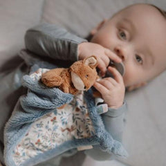Little Dutch Cuddle Cloth Print Fox - Forest Friends, soft comforter for babies with crinkly textures, labels, and a pacifier attachment loop.