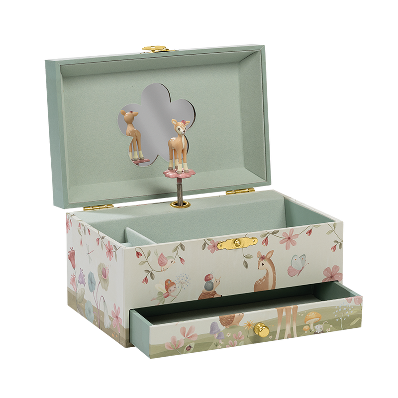 Little Dutch Jewellery Box with Music – Forest Friends, featuring a twirling fairy, woodland animal design, and compartments for jewellery and keepsakes.