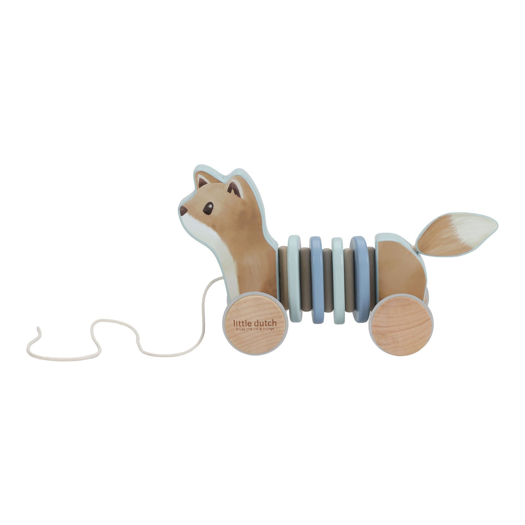 Little Dutch Pull-Along Wood Fox - Forest Friends with colourful rings, designed to follow toddlers during their walking adventures and promote motor skill development.