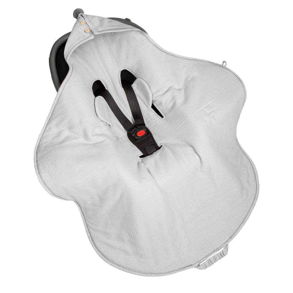 Sleepee lightweight muslin car seat blanket with harness slots in grey, breathable 100% cotton travel blanket for baby