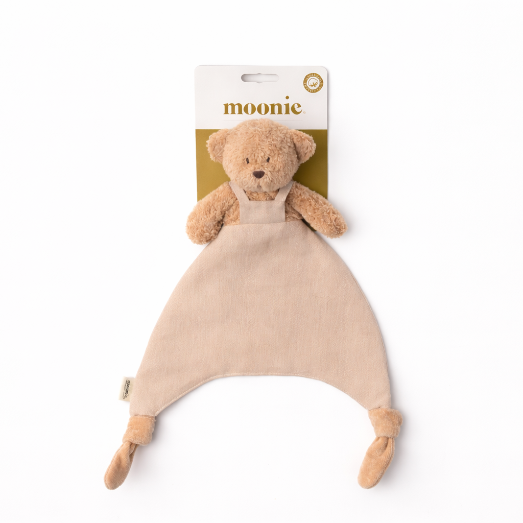 Moonie Doudou Bear comforter in cappuccino made from organic cotton and linen, soft baby comfort blanket for soothing newborns and gifting