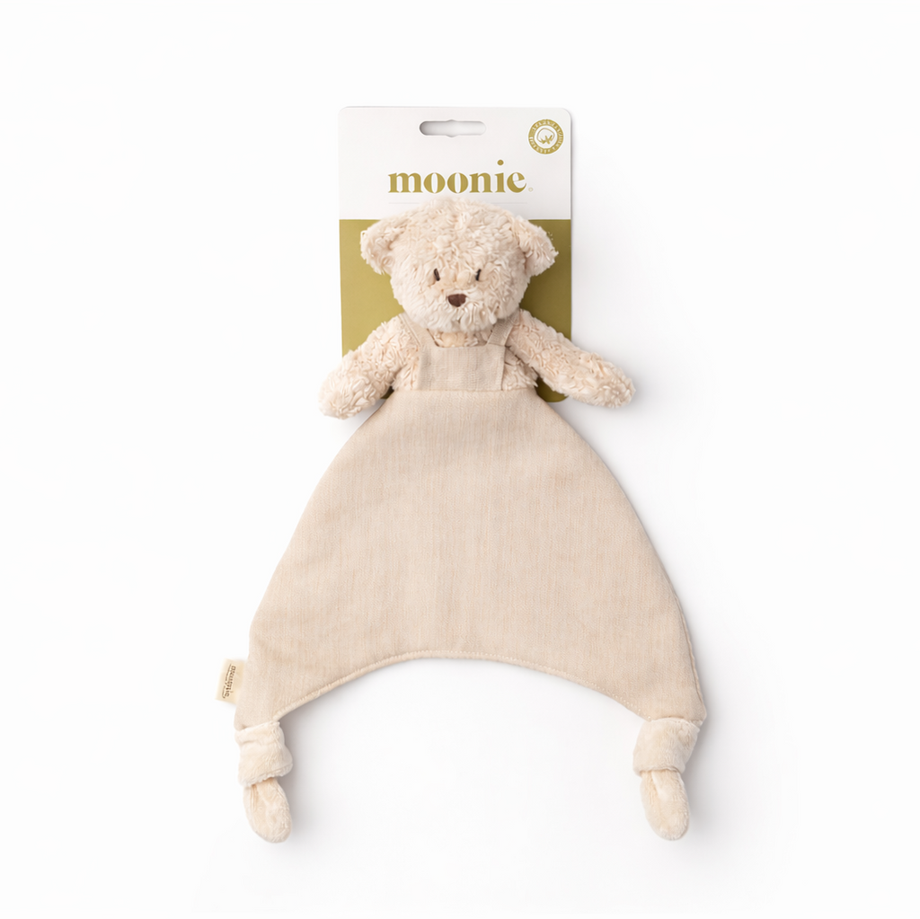 Moonie Doudou Bear comforter in sand made from organic cotton and linen, soft baby comfort blanket for soothing newborns and gifting

