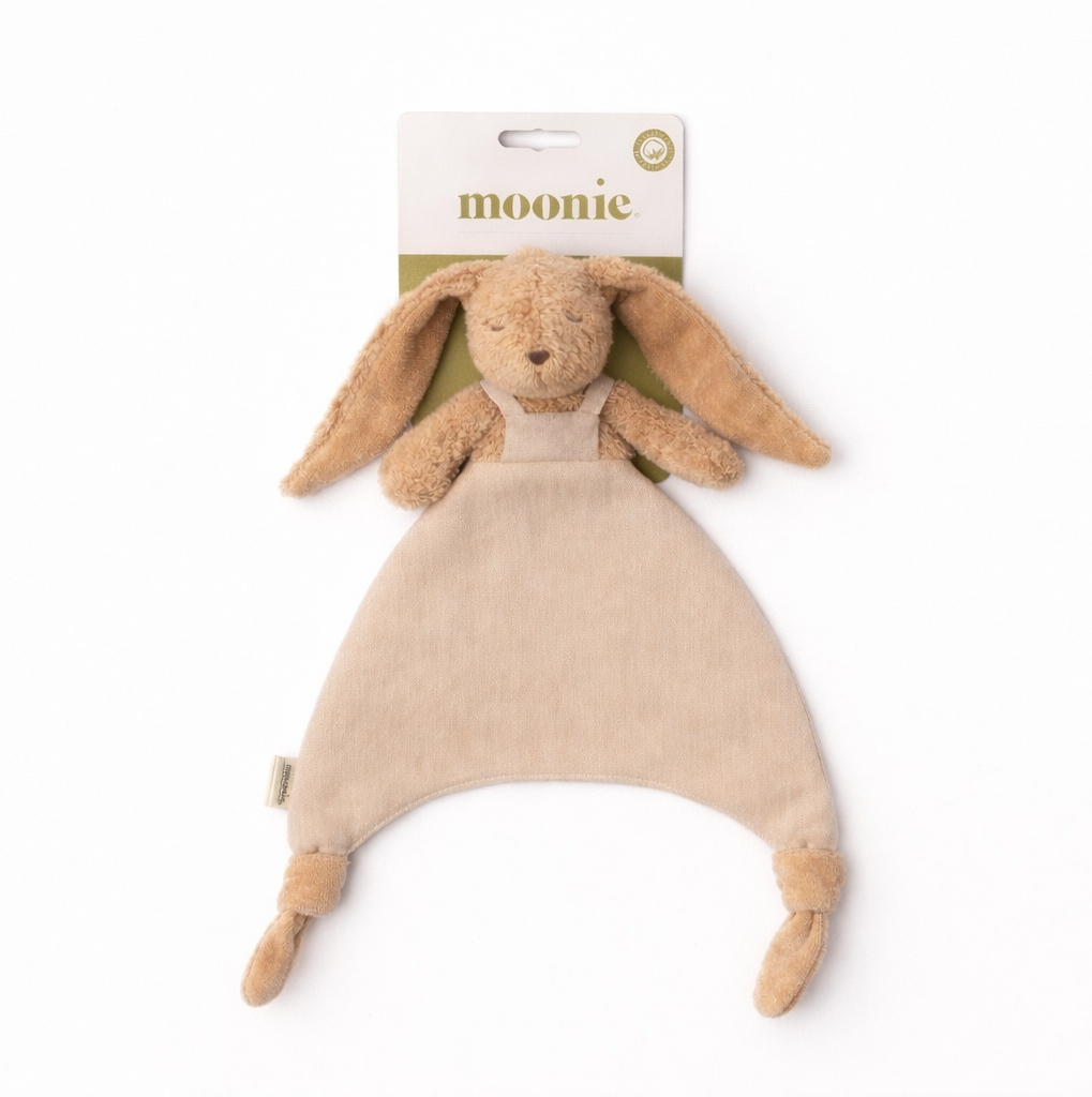 Moonie Doudou Bunny comforter in cappuccino made from organic cotton and linen, soft baby comfort blanket for soothing newborns and gifting