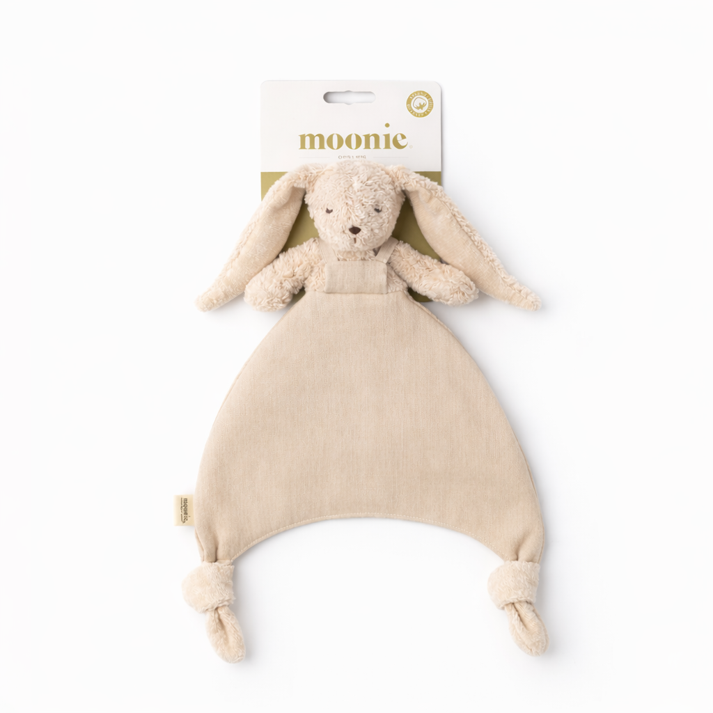 Moonie Doudou Bunny comforter in sand made from organic cotton and linen, soft baby comfort blanket for soothing newborns and gifting