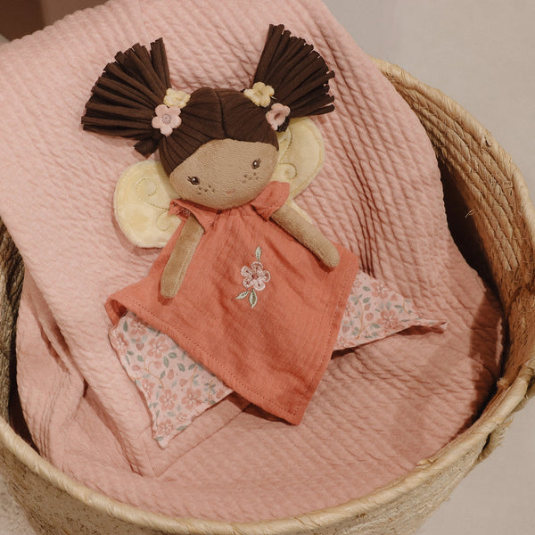 Soft pink Little Dutch Cuddle Cloth – Fairy Evi with embroidered details, fairy wings, and a floral dress, designed for newborns and sensory comfort.