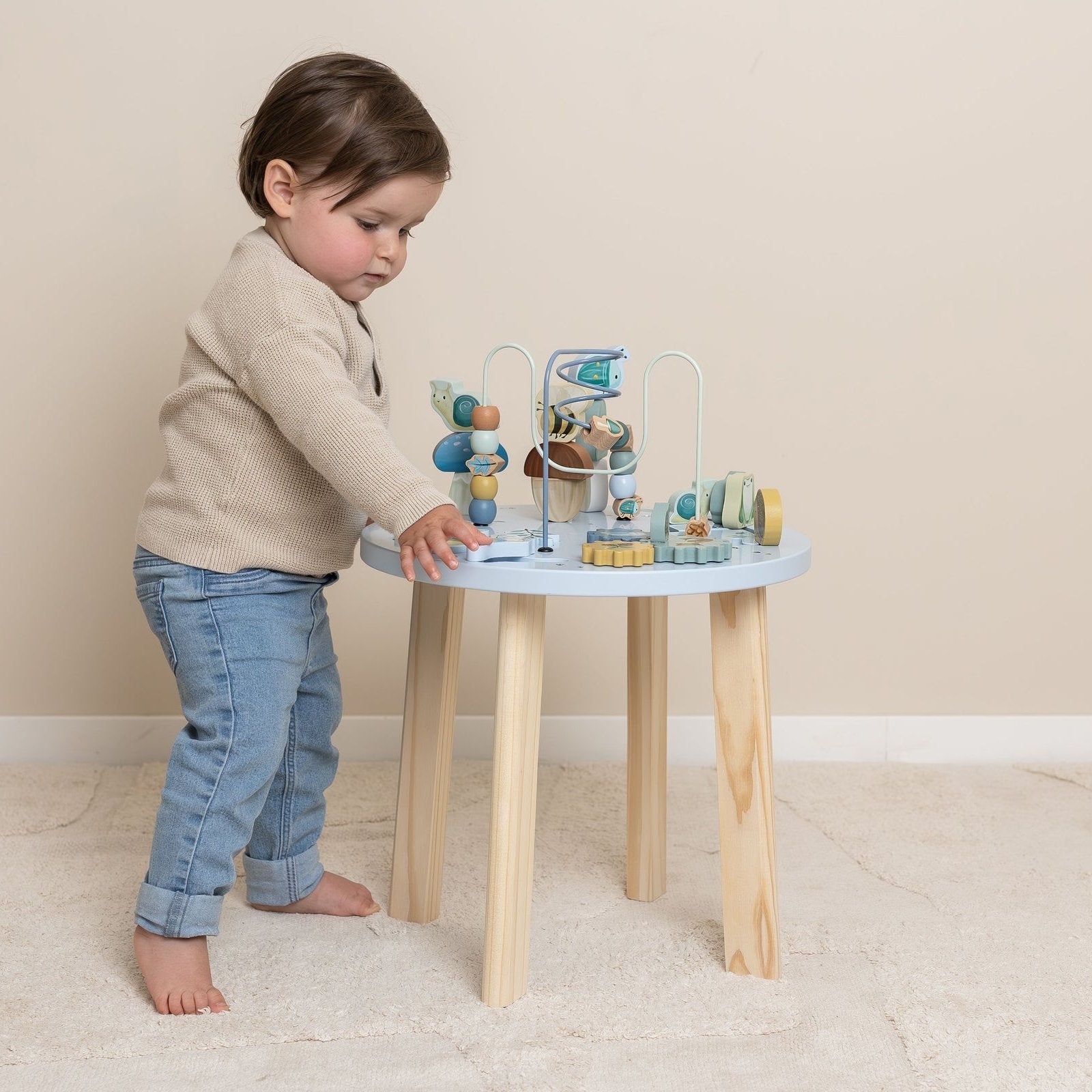 Little Dutch Activity Table - Forest Friends, a wooden toddler play table with bead mazes, spinning gears, and stacking blocks for educational fun.