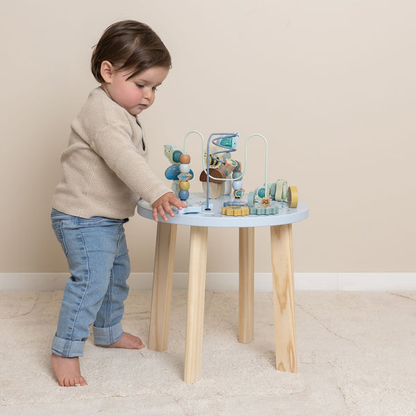 Little Dutch Activity Table - Forest Friends, a wooden toddler play table with bead mazes, spinning gears, and stacking blocks for educational fun.