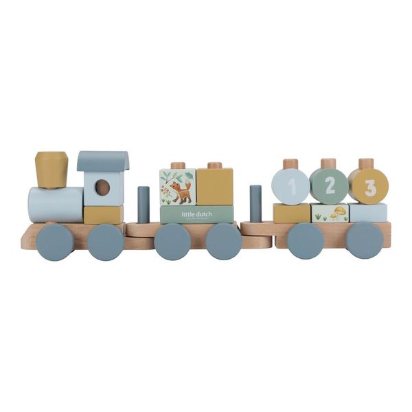 Little Dutch Stacking Train - Forest Friends, a wooden stacking toy with colorful blocks and woodland designs for toddlers aged 2 and up.