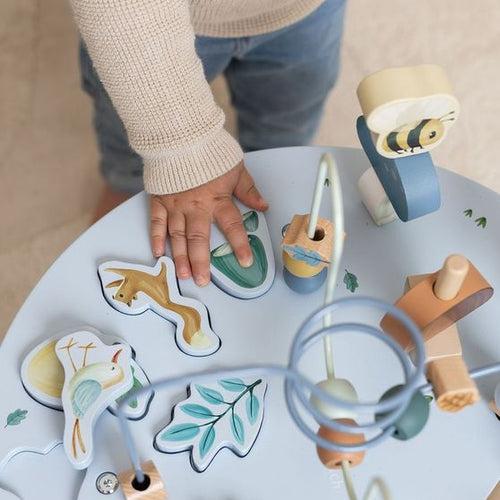 Little Dutch Activity Table - Forest Friends, a wooden toddler play table with bead mazes, spinning gears, and stacking blocks for educational fun.