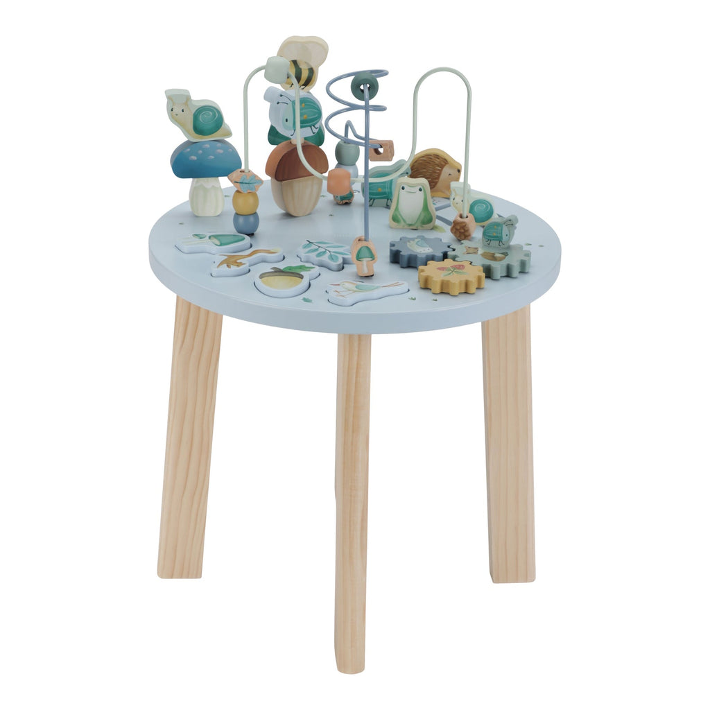 Little Dutch Activity Table - Forest Friends, a wooden toddler play table with bead mazes, spinning gears, and stacking blocks for educational fun.