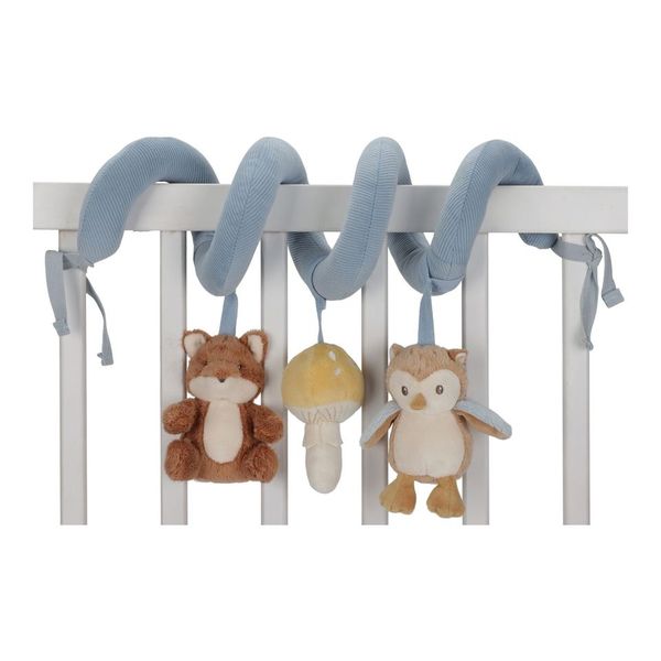 Little Dutch Activity Spiral - Forest Friends with soft fox, mushroom, and owl characters, designed for sensory development and easy attachment to cribs or car seats.