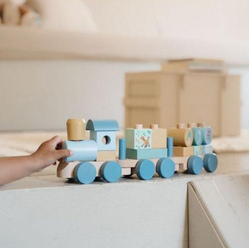 Little Dutch Stacking Train - Forest Friends, a wooden stacking toy with colorful blocks and woodland designs for toddlers aged 2 and up.