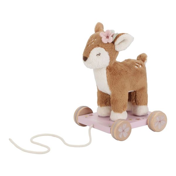 Little Dutch Pull-Along Deer - Fairy Garden, a wooden toddler toy with smooth-rolling wheels, floral details, and pull string for walking and play.