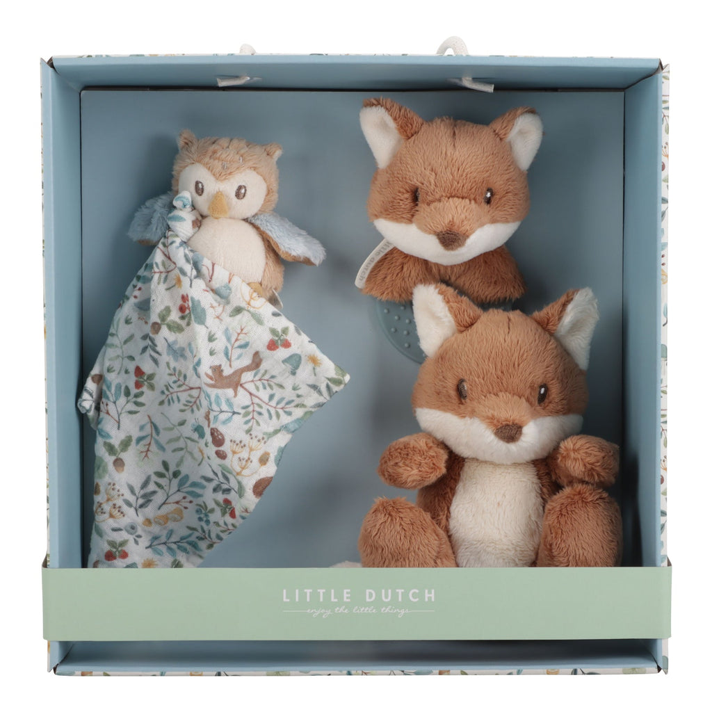 Little Dutch Gift Box Cuddles - Forest Friends with owl cuddle cloth, plush fox, and teething ring, perfect for baby gifts and sensory development.