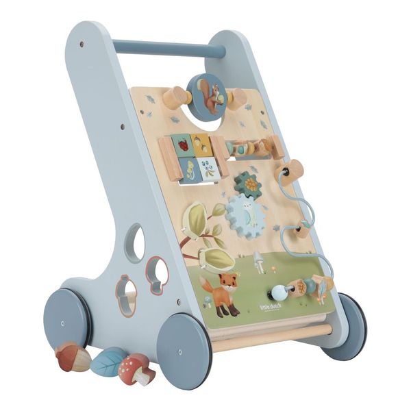 Little Dutch Multi-Activity Baby Walker - Forest Friends with gears, mirror, and counting features in blue tones.