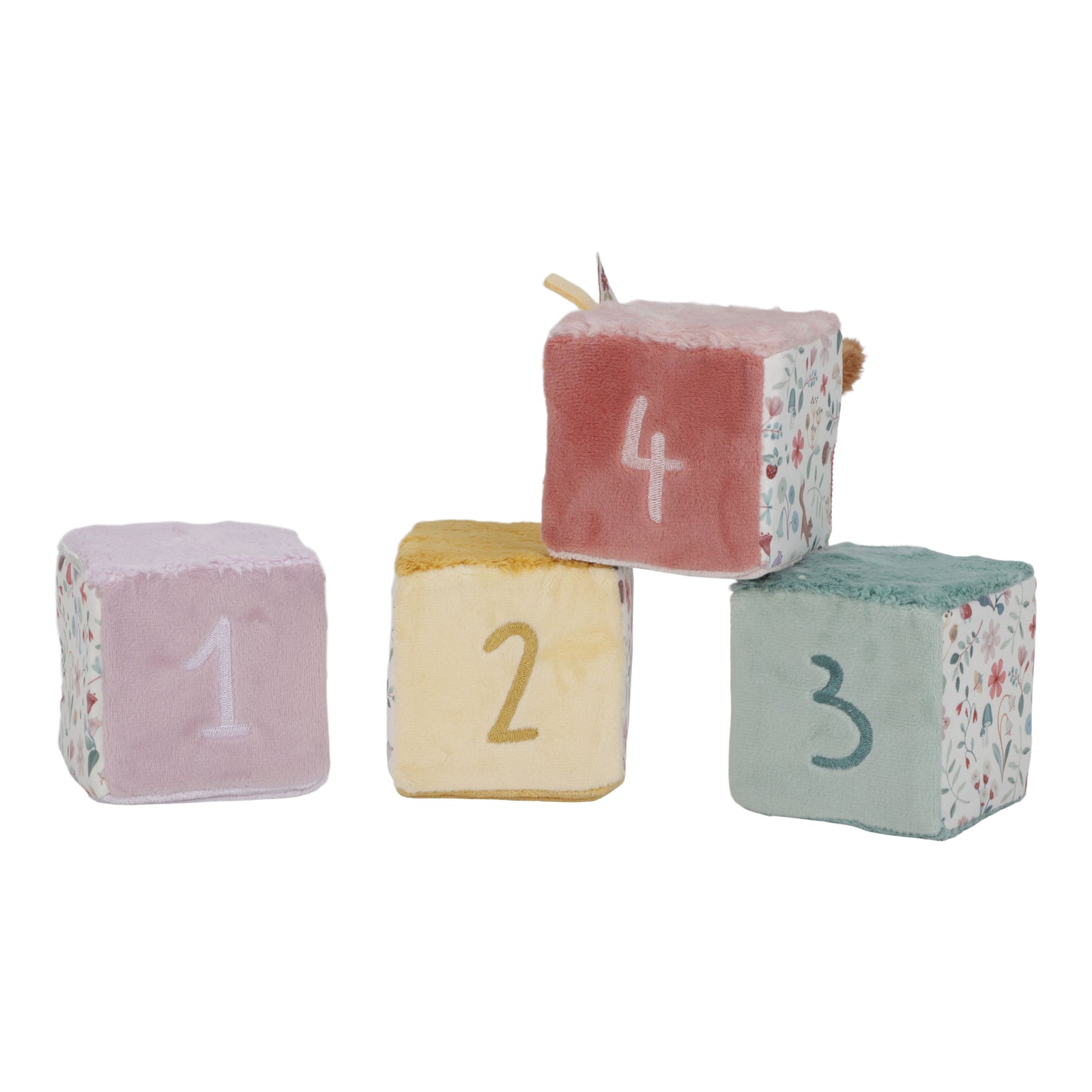 Little Dutch Set of Soft Cubes - Fairy Garden featuring colorful textures, sounds, and a soft floral mirror for sensory play.