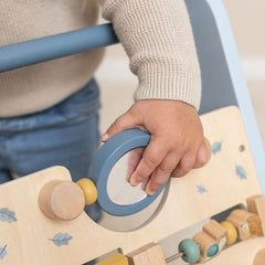 Little Dutch Multi-Activity Baby Walker - Forest Friends with gears, mirror, and counting features in blue tones.