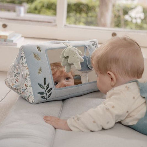 Little Dutch Baby Triangle - Forest Friends, interactive baby toy with crinkly leaves, a mirror, and soft textures for sensory and motor skill development.