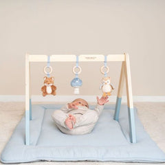 Little Dutch Baby Gym - Forest Friends, wooden baby play gym with hanging toys, including a fox, owl, and mushroom, for sensory and motor skill development.


