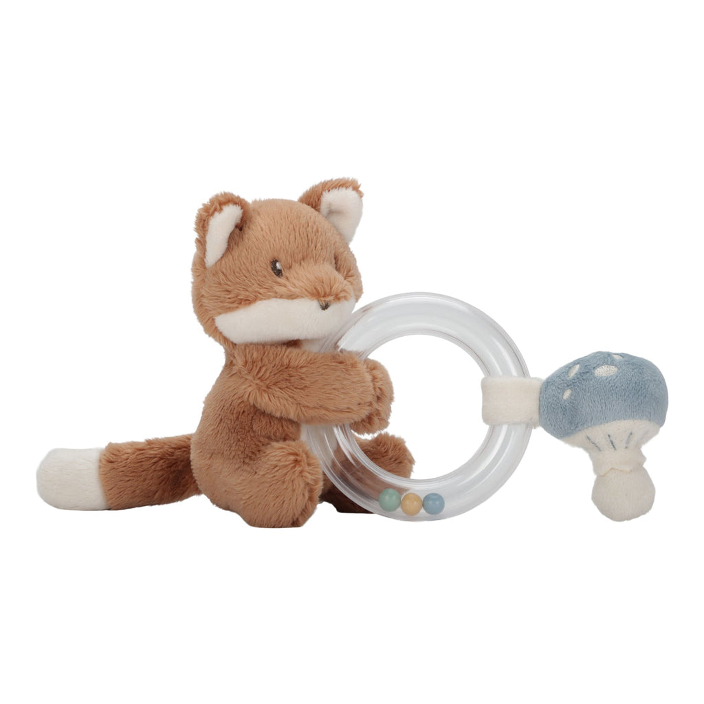 Little Dutch Rattle Ring Fox from the Forest Friends collection with soft fur, rattling beads, and a cuddly mushroom for baby play.