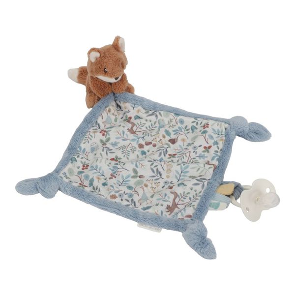 Little Dutch Cuddle Cloth Print Fox - Forest Friends, soft comforter for babies with crinkly textures, labels, and a pacifier attachment loop.
