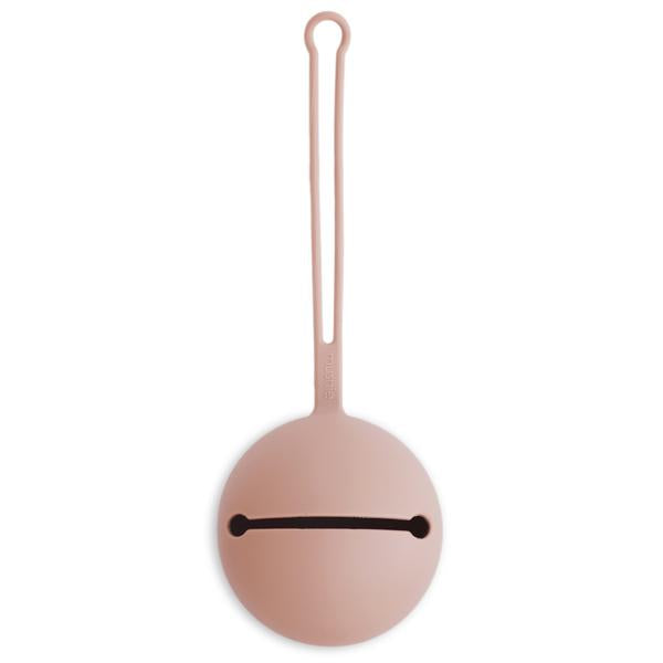 Mushie Dummy Case in blush, durable BPA-free silicone design, holds up to 3 dummies with a convenient strap for on-the-go storage.