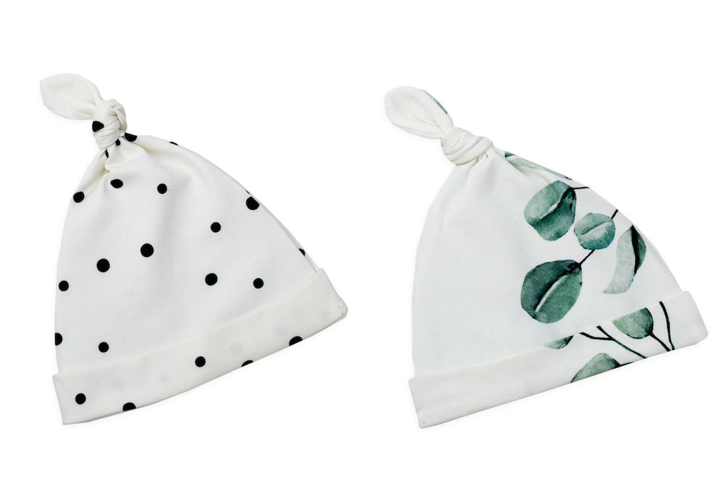 Baby knotted hats - Black dots & eucalyptus (2 pack)