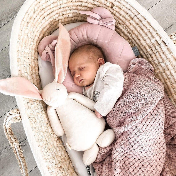 Sleepee Velvet Teddy Bear Pillow with indent for flat head prevention, matching velvet swaddle blankets for a stylish newborn set.